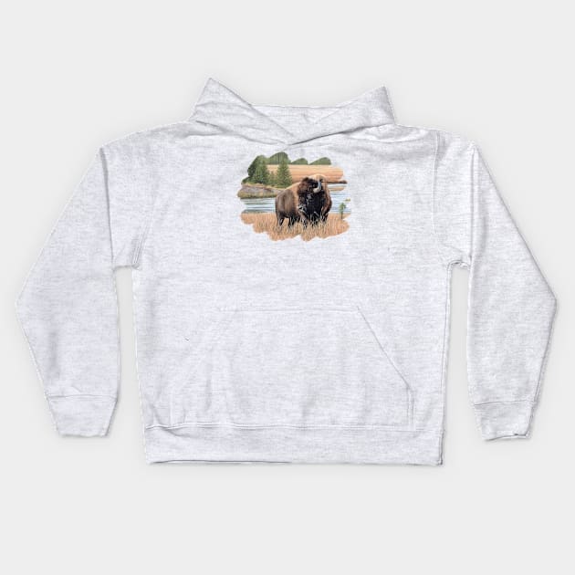 American Bison Painting Kids Hoodie by rachelstribbling